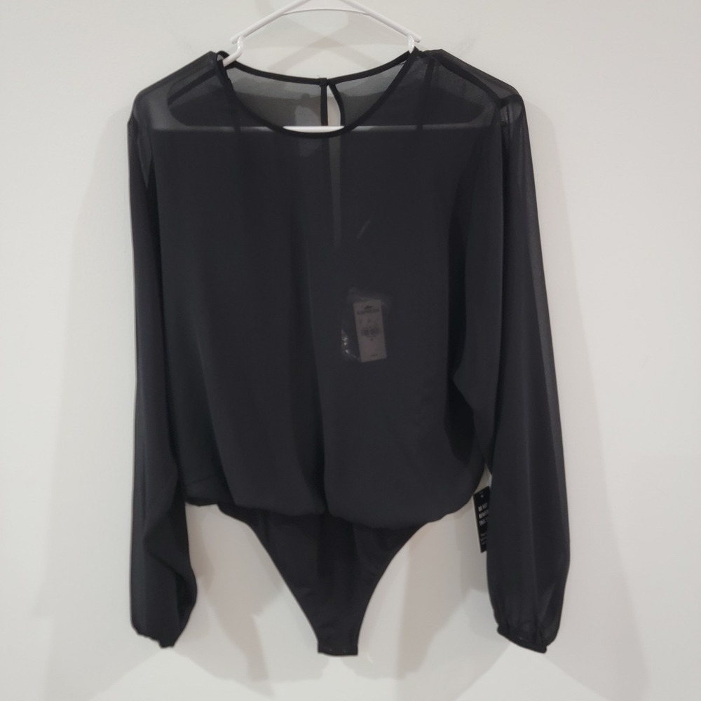 Express Womens Bodysuit Xs Black Semi Sheer Career Office Capsule Minimalist‎